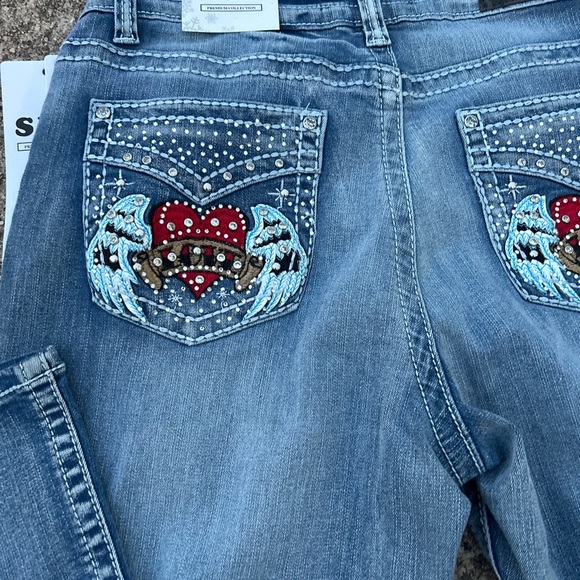 Sky Women's Light Blue Boot Cut Jeans with Red Embroidery and Bling Pockets - Picture 2 of 11